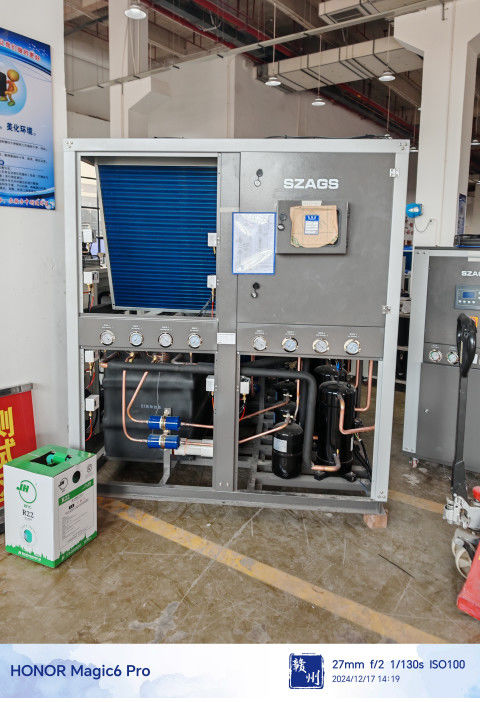 60hp হার্মেটিক স্ক্রল টাইপ ইন্ডাস্ট্রিয়াল চিলার ইন্টিগ্রেটেড সিস্টেম শেল এবং টিউব ইভাপোরেটর 1850kg ক্ষমতা